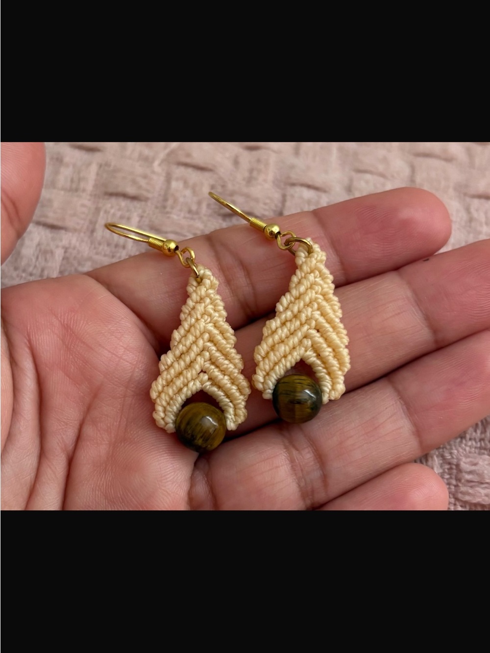 Handmade Cream Macramé Earrings with Tiger Eye Bead